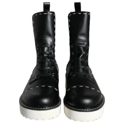 Bottes de combat mi-mollet en cuir noir