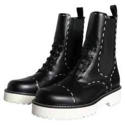 Bottes de combat mi-mollet en cuir noir