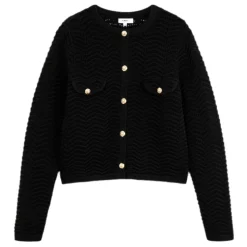 Cardigan Classique Noir avec Motif Tricoté