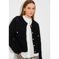 Cardigan Classique Noir avec Motif Tricoté