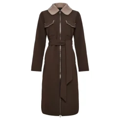 Long manteau ceinturé avec col en peau lainée