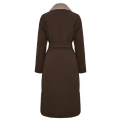 Long manteau ceinturé avec col en peau lainée