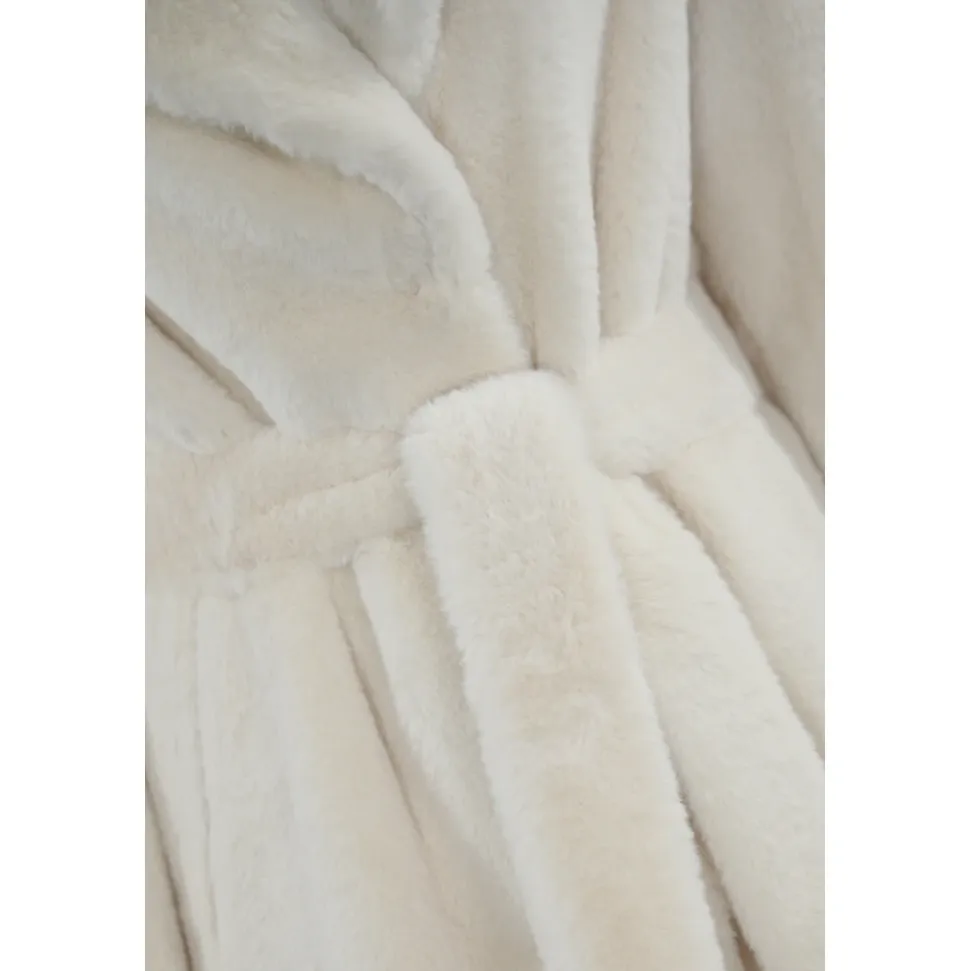 Manteau Blanc en Fausse Fourrure Col en V