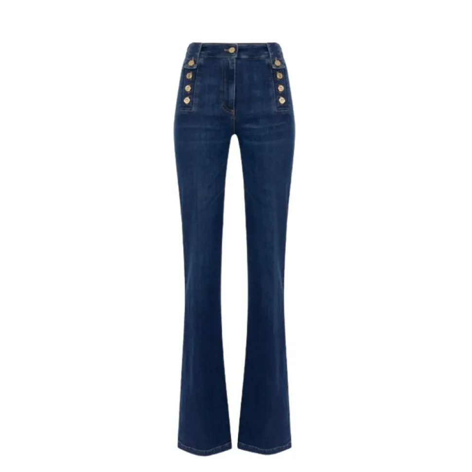 Pantalon Palazzo en Denim avec Boutons Dorés
