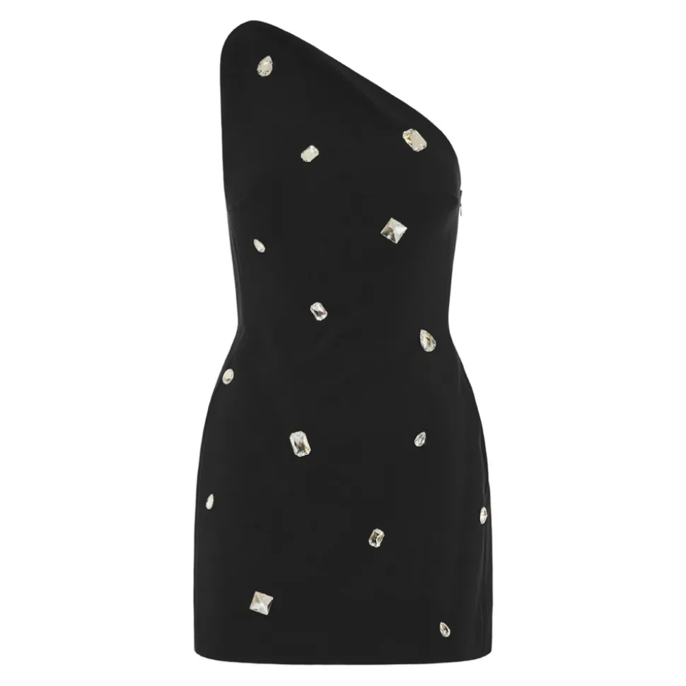 Robe courte asymétrique à épaules dénudées et broderies de cristaux
