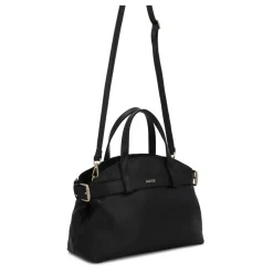 Sac à main en cuir noir avec sangle décorative et intérieur fonctionnel
