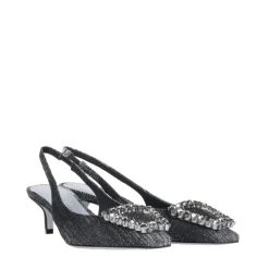 Slingback en denim noir avec accessoire en cristal